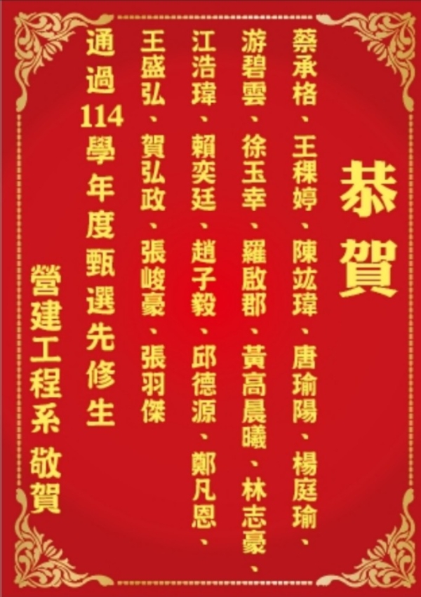 114學年度本系碩士班先修研究生(先修生)第1次甄選錄取名單